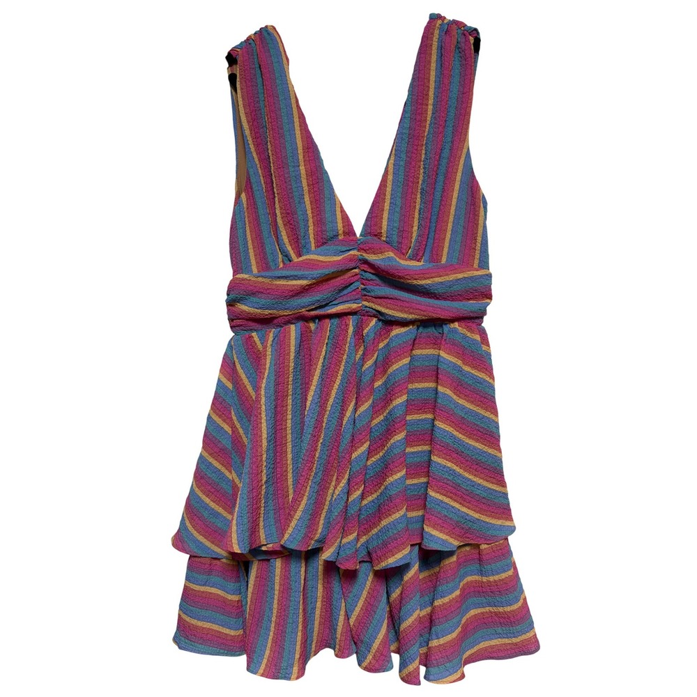 Blue Blush Womens Striped Tiered Mini Dress V-Neck Multicolor Ruffle Size M